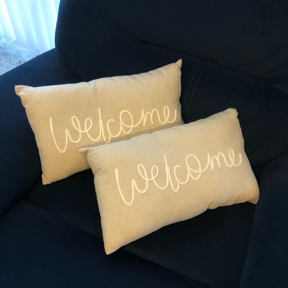 Welcome Embroidered 1 pair Accent Pillows, Beige/White, Gray/white striped back - Picture 2 of 7